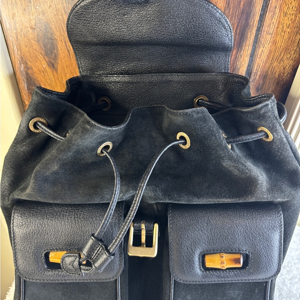 GUCCI Black Leather Suede Bamboo Top Handle Backpack Excellent Condition Black - Picture 9 of 12